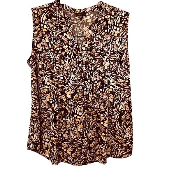 COCOMO WOMAN  SLEEVELESS V-NECK PULL-OVER TUNIC TOP, WOMAN, 2X-BROWN YELLOW LEAF - Picture 1 of 11